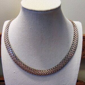 Vintage 925 Italy Sterling Silver Gold Plated Accents Mesh link Necklace Bib
